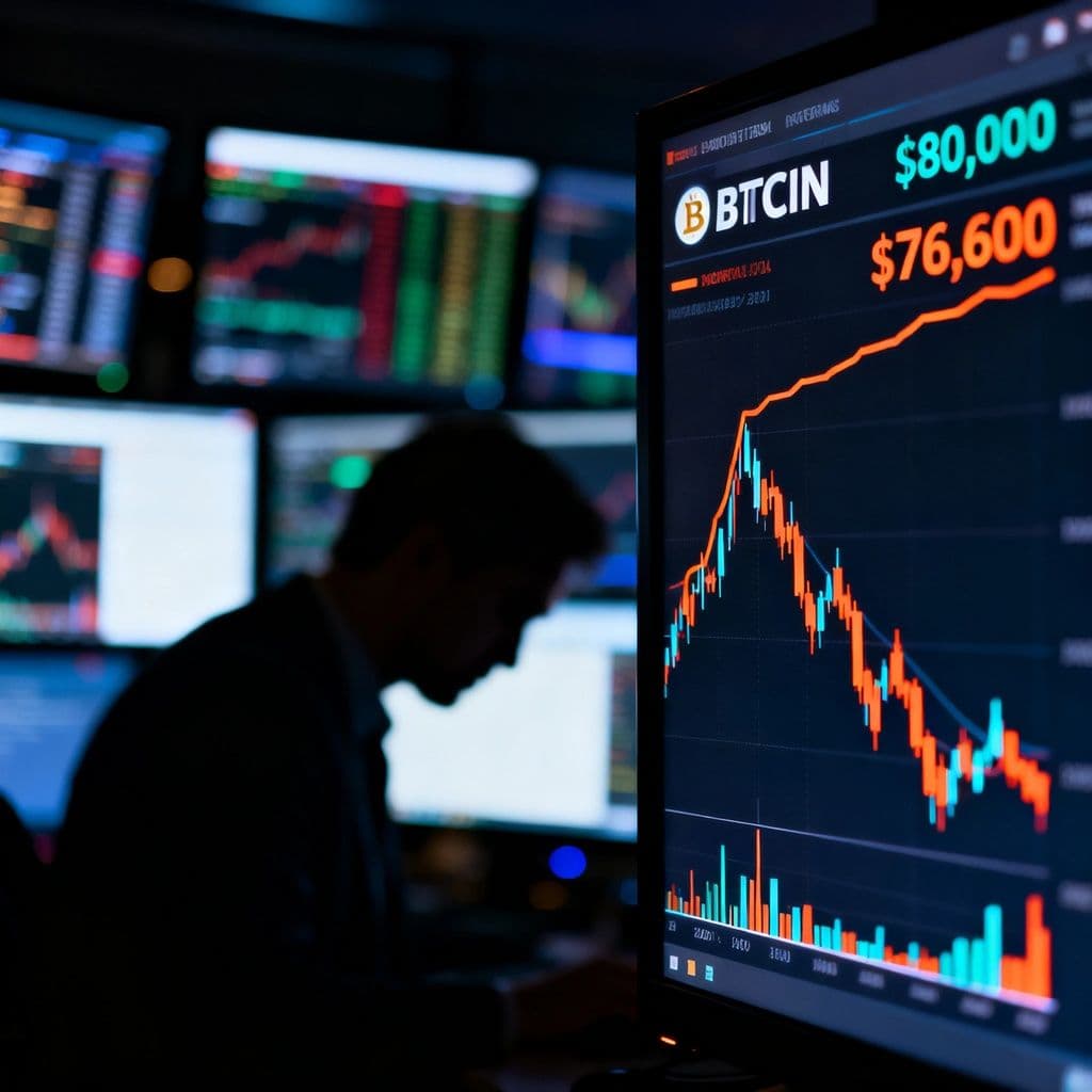 Bitcoin cae a $76,600 tras breve alza cerca de $80,000